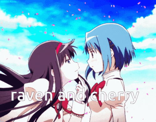 a picture of two anime girls with the words " raven and cherry " on the bottom