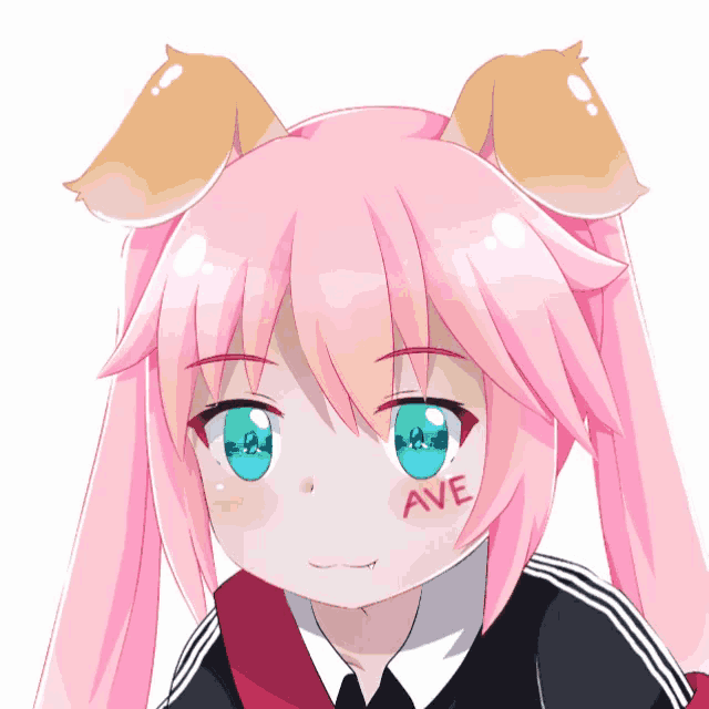 a girl with pink hair and blue eyes has the word ave written on her face