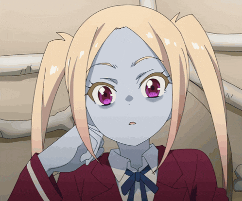 a girl with blonde hair and purple eyes is wearing a red jacket and a blue bow tie