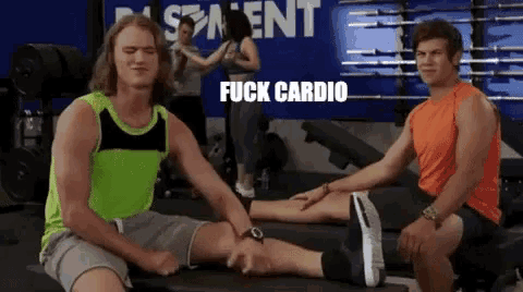 two men stretching their legs in a gym with the words " fuck cardio " written on the bottom
