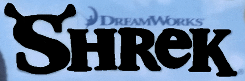 a shrek logo with a blue sky in the background