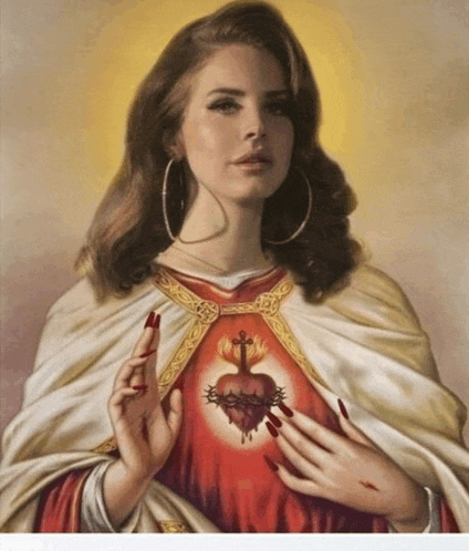 a painting of a woman with red nails and hoop earrings
