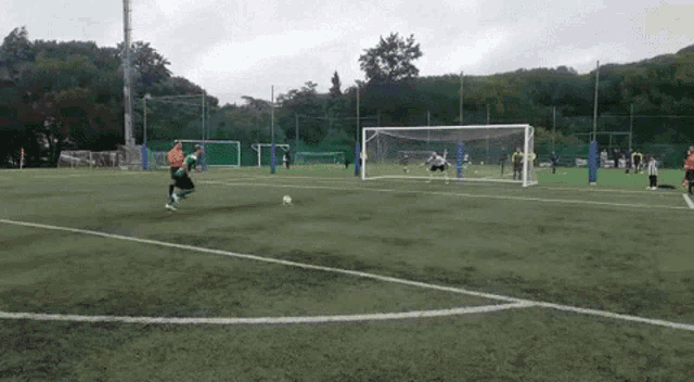 a group of people are playing soccer on a field with trees in the background .