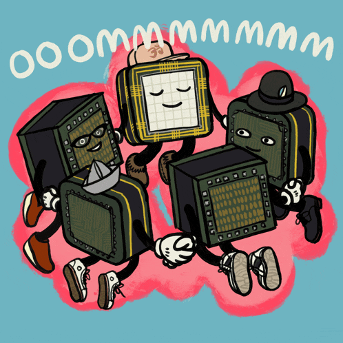 a cartoon drawing of a group of boxes with arms and legs and the words ooommmmm on the bottom