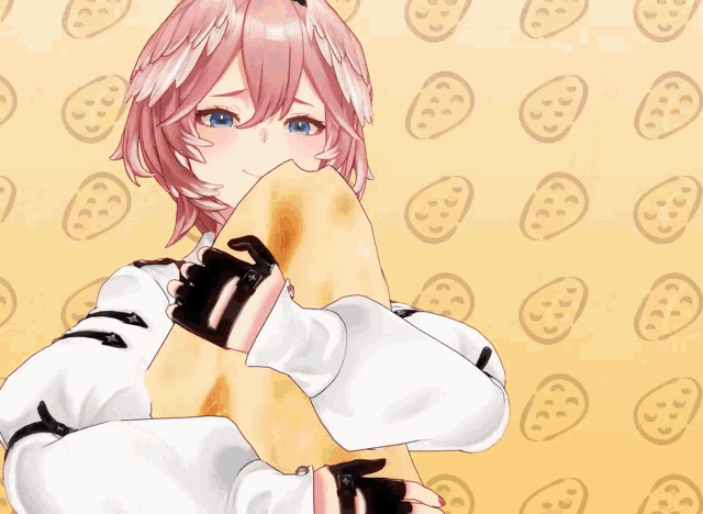 a girl with pink hair and blue eyes is wearing a white shirt that says ' avel ' on it