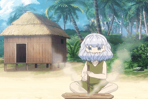 a cartoon of a man with a beard sitting in front of a small hut