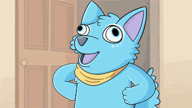 a blue cartoon cat with a yellow scarf around its neck