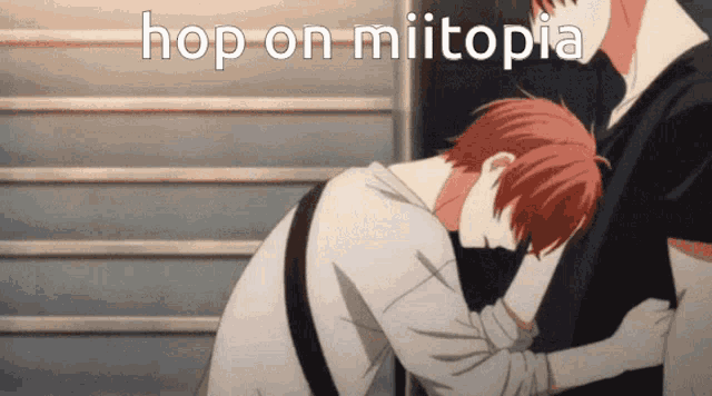 a man is hugging another man with the words hop on miitopia written on the bottom