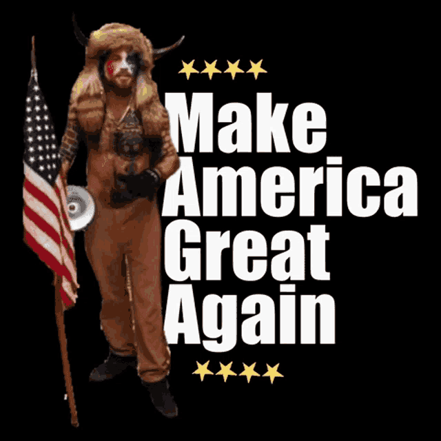 a poster that says make america great again with a man in a costume
