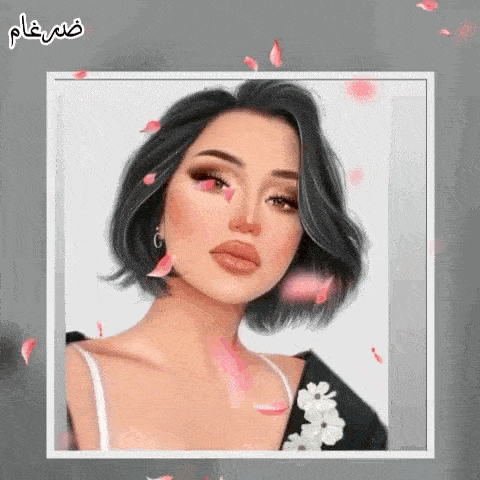 a painting of a woman with short black hair and pink petals falling on her face .