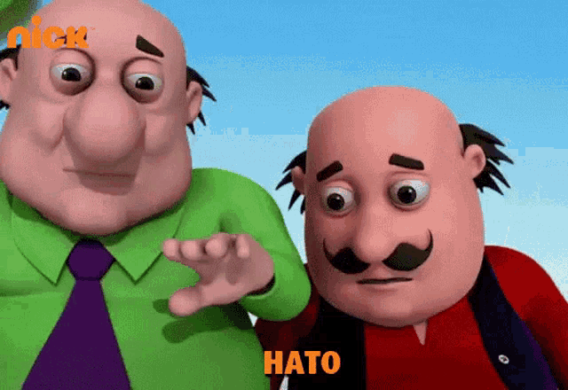 two cartoon characters are standing next to each other and the word hato is on the bottom
