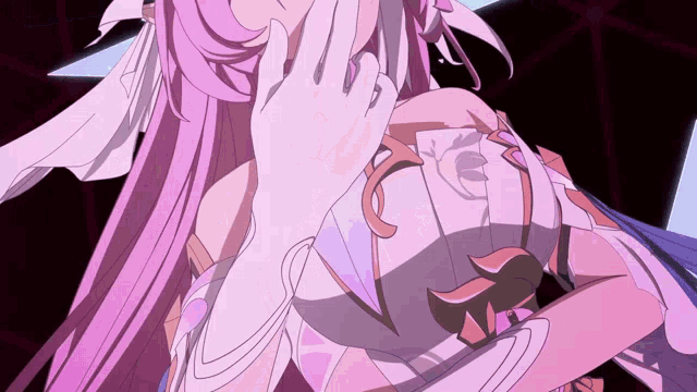 a drawing of a girl with pink hair and a white glove
