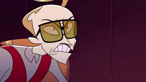 a cartoon character wearing glasses and a red vest is making a funny face