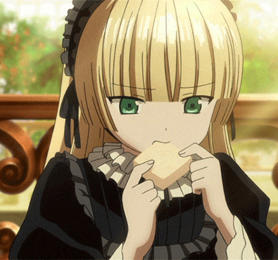 a blonde anime girl with green eyes is holding a piece of bread in her hands