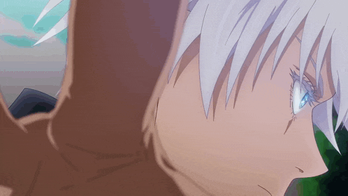 a close up of a anime character with white hair and blue eyes