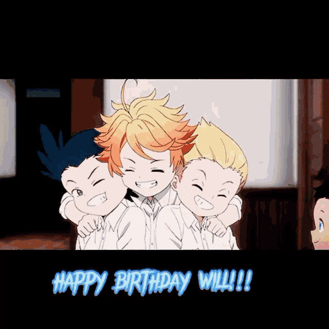 a group of anime characters are hugging each other with the words happy birthday will written on the bottom