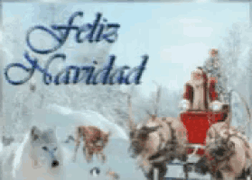 a christmas card with santa in a sleigh pulled by reindeer and says feliz navidad