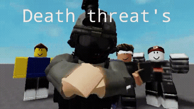a group of roblox characters standing next to each other with the words death threat 's above them