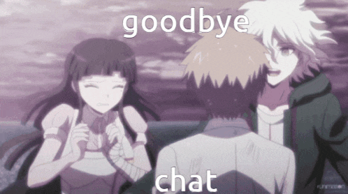 a couple of anime characters standing next to each other with the words goodbye chat on the bottom right