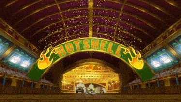 a green and gold sign that says hotshell