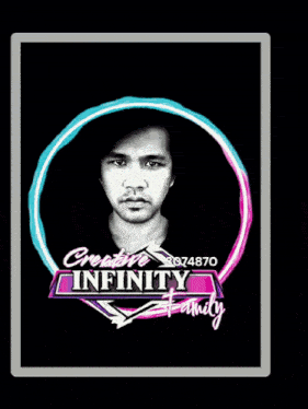 a man wearing a hat and a watch is surrounded by a purple and blue circle that says creative infinity family