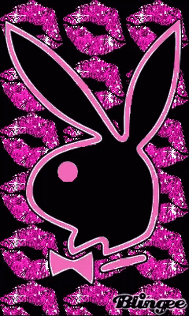 a pink playboy bunny is surrounded by pink kisses on a black background