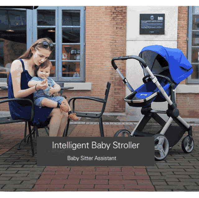 a woman is holding a baby next to a stroller that says intelligent baby stroller