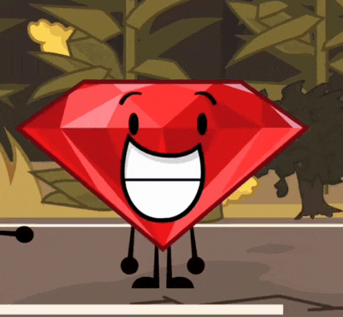 a cartoon drawing of a red diamond with arms and legs smiling