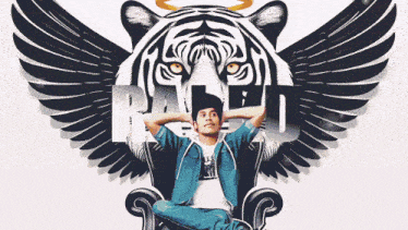 a man is sitting in a chair with a tiger behind him and the word raped above him