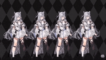 a row of anime characters are standing in a row on a checkered background
