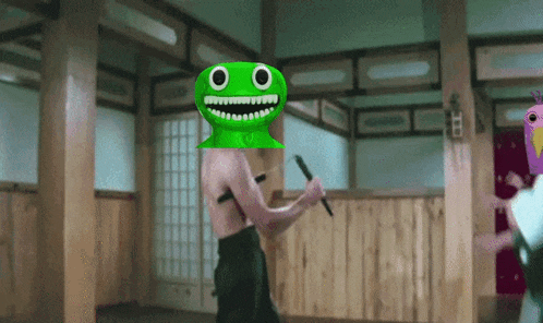 a man with a green frog on his head is holding a knife