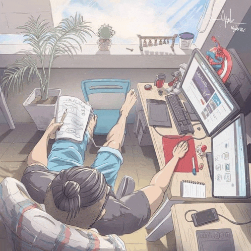 a drawing of a man sitting at a desk with two computer monitors and a pen that says adobe