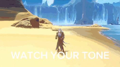 a pixel art of a man on a beach with the words watch your tone