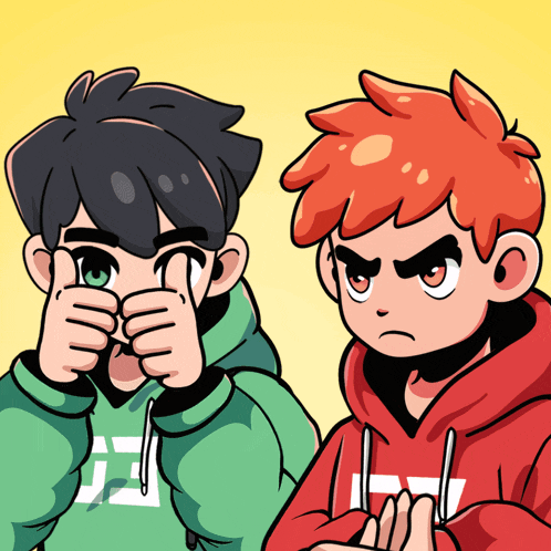 a cartoon drawing of two boys one wearing a green hoodie with the letter j on it