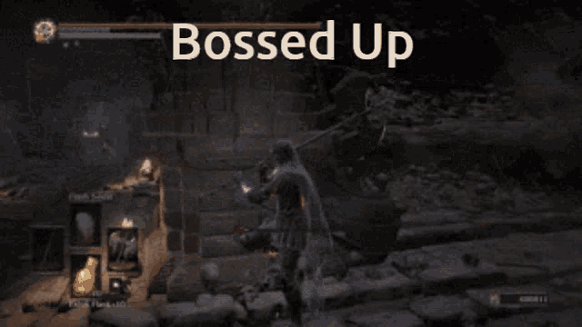 a screenshot of a video game with the words bossed up at the top