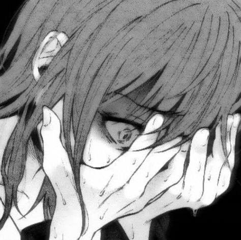 a black and white drawing of a girl with her hands covering her face .
