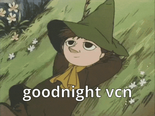 a cartoon character with a green hat is laying in the grass with the words goodnight vcn below him