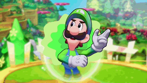 a cartoon character with a green hat and gloves is giving a peace sign