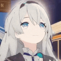 a close up of a girl with long white hair and blue eyes