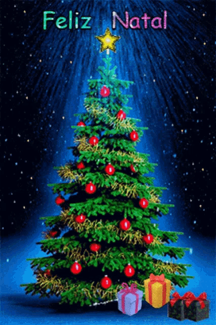 a christmas tree with gifts underneath it and the words feliz natal written above it
