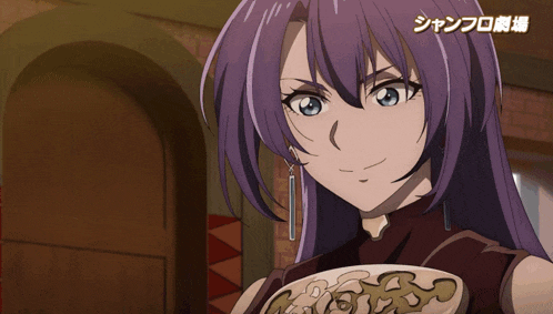 a girl with purple hair is holding a bowl of food in front of a door
