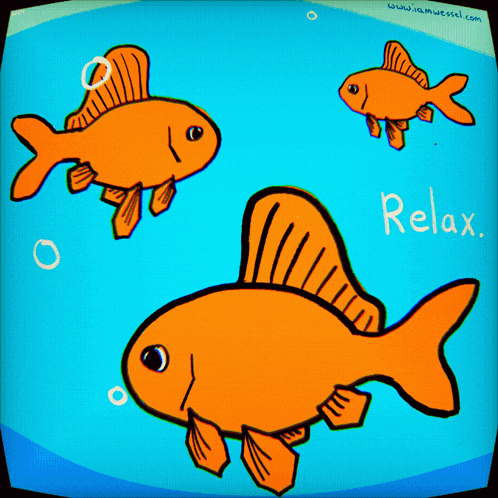 a cartoon drawing of three goldfish with the word relax written below them