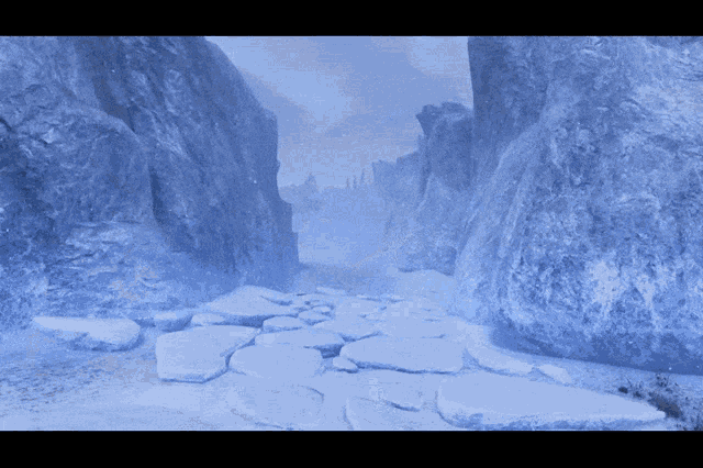 a snowy landscape with rocks and ice in the middle
