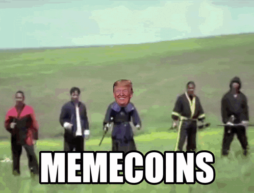 a group of men are standing in a grassy field with donald trump in the background and the words memecoins above them