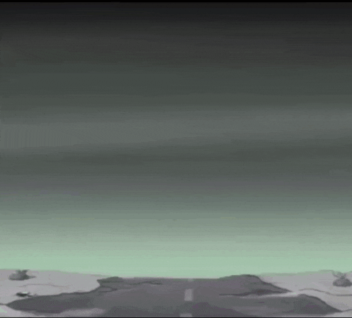 a cartoon of a road with a green sky in the background