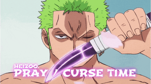 a cartoon of a man holding a purple knife with the words " pray curse time " above him