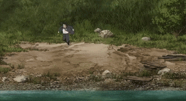 a man in a suit and tie is running along a river
