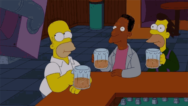 homer simpson is drinking a beer from a glass