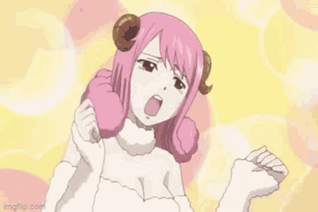 a girl with pink hair and horns is wearing a white sweater and a white shirt .