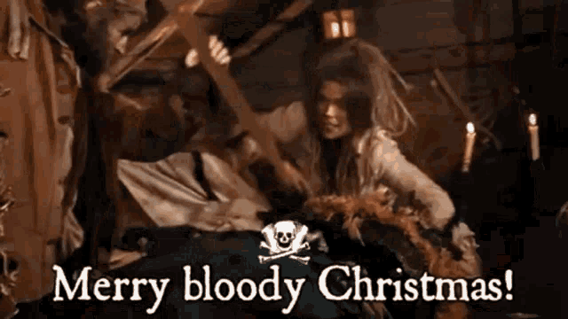 a merry bloody christmas greeting card with a skull and crossbones on it